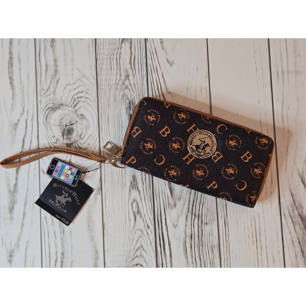 Beverly Hills Polo Club Monogram Zip Around Wallet Wristlet Brown New